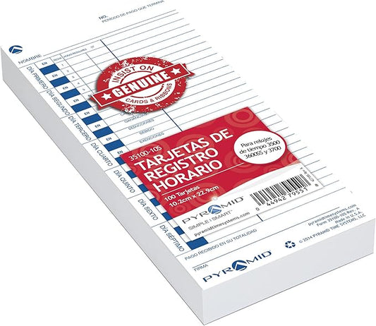 Pyramid Time Systems 35100-10S Spanish Time Cards, Compatible with Pyramid 3500, 3500ss, 3600SS, 3700SS and 3700 Punch Time Clocks, 4" x 9" Single Sided Time Sheets, Made in USA, 100 Pack