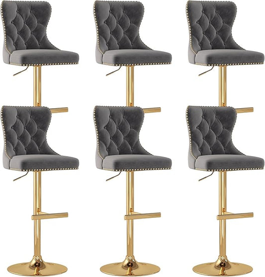 Bar Stools Set of 6, Velvet Swivel Counter Height Stools with Tufted Back, Adjustable Seat with Nailheads Trim, Upholstered Bar Chairs with Gold Base for Kitchen Island, Pub, Gray