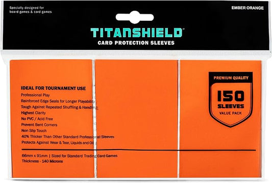 TitanShield Premium Card Sleeves | Compatible with Pokemon, One Piece, Lorcana, Flesh & Blood, & Magic The Gathering MTG | (150 Sleeves - Standard) (1, Ember Orange, Standard | 66x91mm)