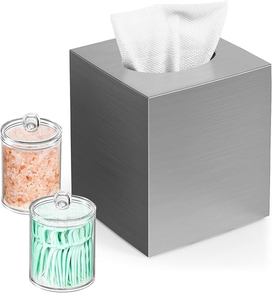 Tissue Box Cover, Square Facial Acrylic Tissue Box Holder with 2 Pack Clear Qtip Holder Dispenser, Bathroom Vanity Dresser Night Stand Essentials Accessories Decor, Modern Farmhouse Decor,Sliver