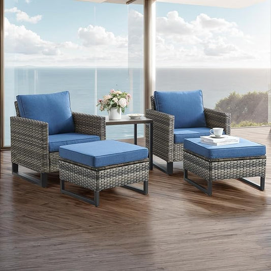 Wicker Outdoor Patio Furniture Set - 5 Piece Patio Conversation Set with 2 Wicker Armrest Chairs,2 Rattan Ottoman and 1 Metal Side Table for Outside Porch Deck Backyard Garden(Mixed Grey/Blue)