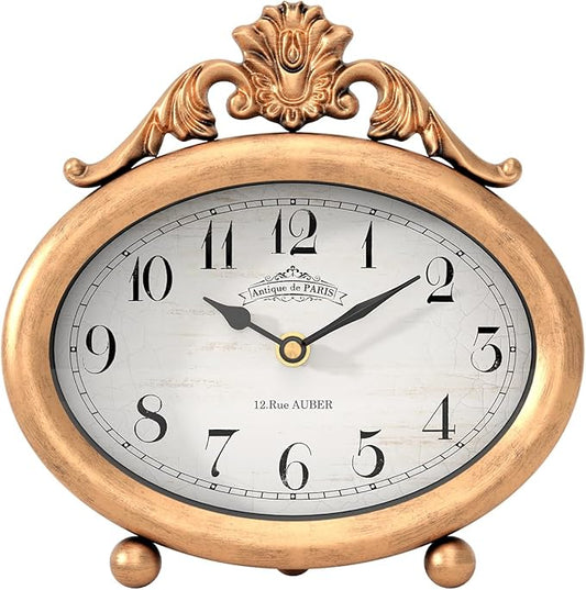 Vintage Table Clock, Desk and Shelf Decor Clock, French Rustic Antique Style Gold Mantel Clocks, for Farmhouse, Living Room, Bedroom, Bedside, Gift (7.87" H x 7.87" W)