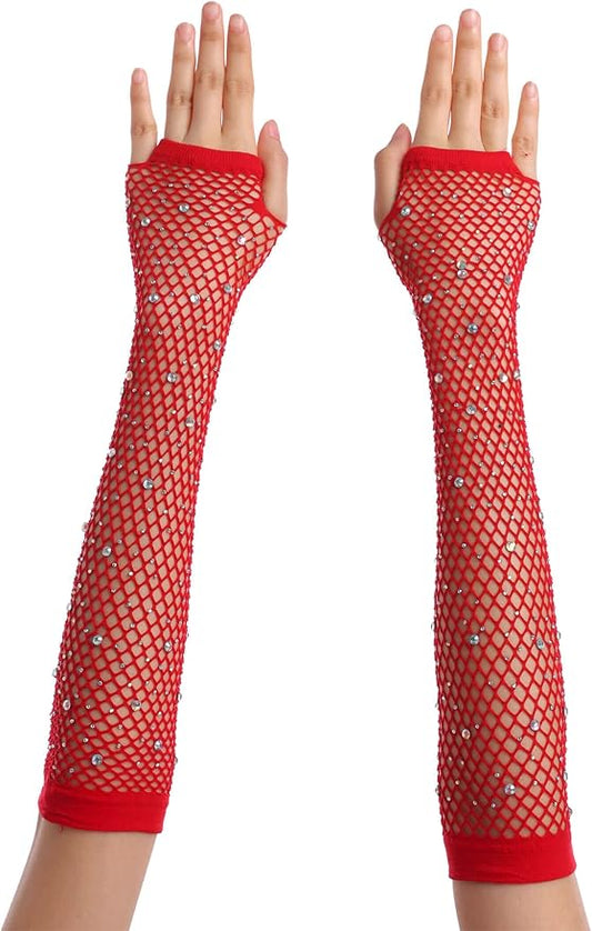 Women Fishnet Rhinestone Gloves Fingerless Kids Fish Net Arm Sleeve Warmers 80s Emo Scene Accessories