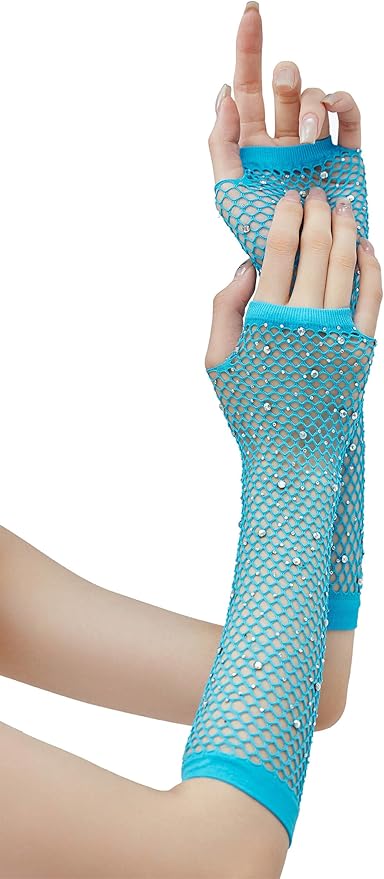 Women Fishnet Rhinestone Gloves Fingerless Kids Fish Net Arm Sleeve Warmers 80s Emo Scene Accessories