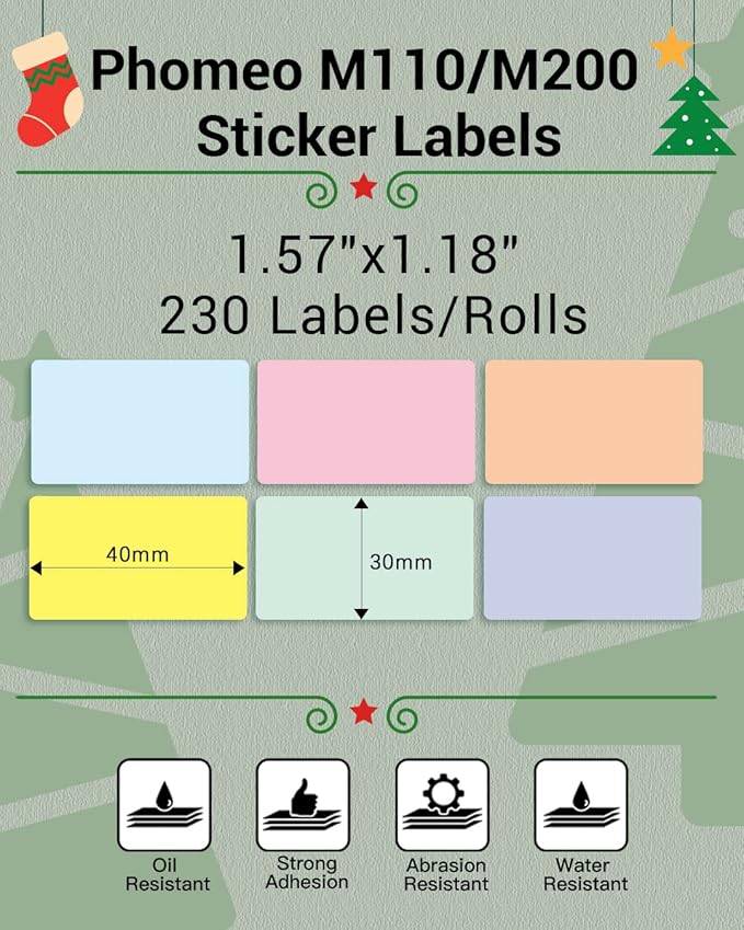 Phomemo Sticker Labels 1.57"x1.18"(40x30mm) 6 Rolls, for M110/M110S/M120/M200/M220 Printer - Pink/Blue/Khaki/Green/Yellow/Purple, for Small Business, Home, Office, 230 Labels/Roll