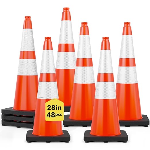 [48 Pack] HiGiant 28 Inch Traffic Cones with Black Weighted Base, Safety Orange Cone for Parking, Heavy and Stackable for Road Construction Sites, Driveway Barrier and Traffic Controls