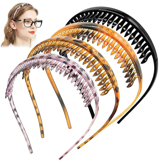 4 Pack No Pressure Headbands for Glasses Wearers – U-Shaped headband with teeth, no headache, no pressure, hairband for thick and fine hair (set-B)