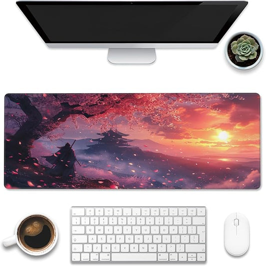 XL Mouse Pad,Samurai Cherry Blossoms Large Gaming Mouse Pad,Anime Beautiful Scene Desk Mat for Desktop,Extended Big Computer Keyboard Desk Pad with Non-Slip Base Stitched Edges 31.5"x11.8"
