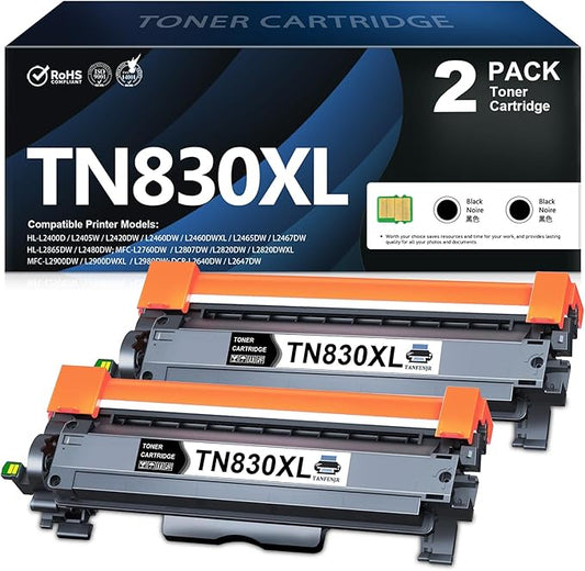 TN830XL TN830 Toner Cartridge 2/Packs High Yield Replacement for Brother TN830XL TN830 TN830 XL Black Toner HL-L2460DW DCP-L2640DW HL-L2480DW HL-L2400D HL-L2405W MFC-L2820DW Printer