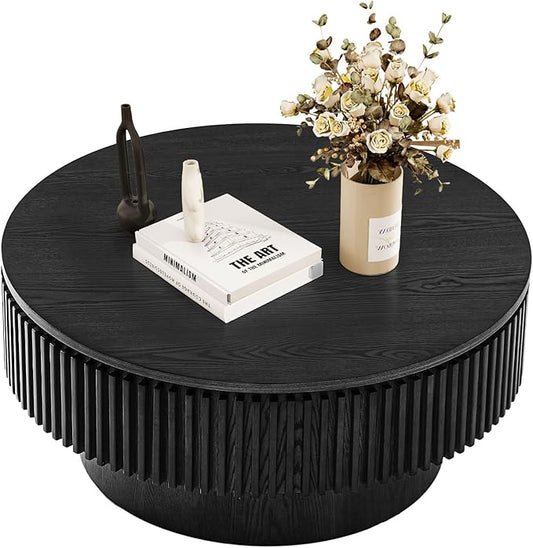LKTART Round Coffee Table for Living Room, Accent Fluted Drum Coffee Table with Storage, Modern Solid Wood Veneered Circle Center Tea Table for Small Space Apartment (31.5''D×14''H-Black)