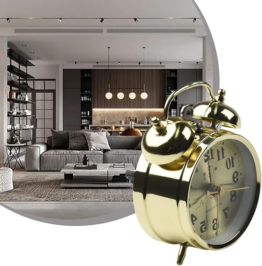 Vintage Horseshoe Mechanical Alarm Clock, Gold Metal Wind Up Bell Design, 7 cm Compact Table Desk Clock for Bedroom, Living Room, Office Decoration or Collectible Display