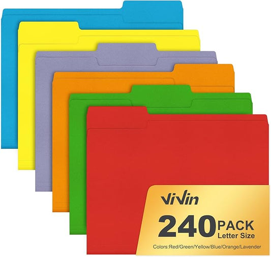 ViVin File Folders, Fits 8.5 x 11 Letter Size Paper, 1/3-Cut Tabs, 240 Pack Manilla Colored File Folders, Perfect for Home, Office, and School Documents File Paper(Multicolored)