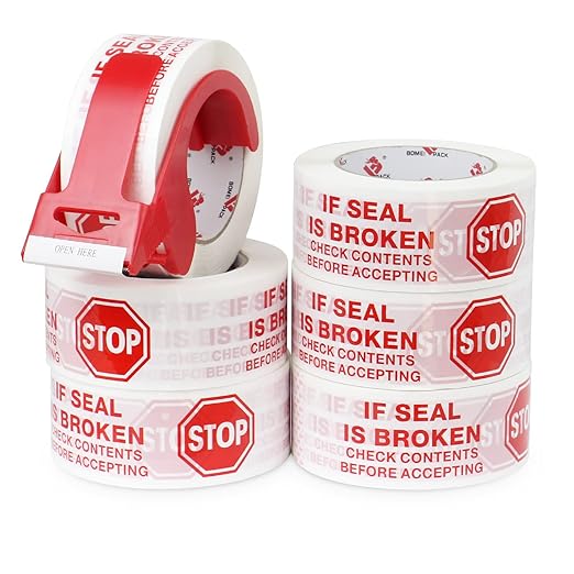 Stop Sign Sealing Tape Pre-Printed " IF SEAL IS BROKEN,CHECK CONTENTS BEFORE ACCEPTING" ,Heavy Duty Packing Tape with Dispenser 2 Inch x 110 Yards,Packaging Tape for Moving and Shipping (White)