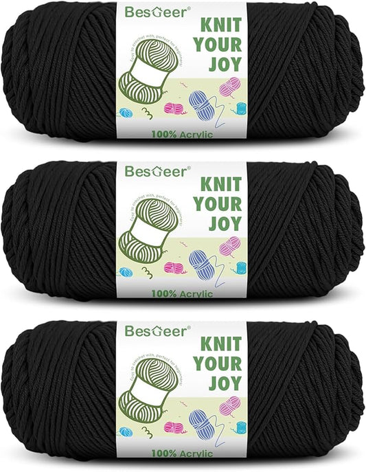Besgeer Whtie Yarn for Crocheting, Knitting, Tufting, Craft, 3 Pack of 100g/3.5oz Crochet Yarn, 4 Medium (Worsted), 327 Yards - 100% Acrylic (Black)