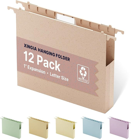 Wheat Straw Plastic Hanging File Folder Letter Size,Heavy Duty 1'' Expansion,12 Pack Extra Capacity Filing Cabinet Folders,File Organizer Designed for Bulky Files,Medical Charts（Morandi Pink