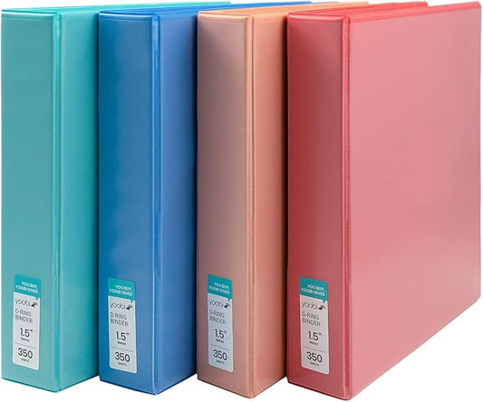 Yoobi 3 Ring Binders – 1.5 Inch Binder with Round D Rings and 2 Pockets, Durable, PVC-Free Organizer with 375 Sheets Capacity, 4- Pack Colored Binders with Plastic Cover for Office Supplies