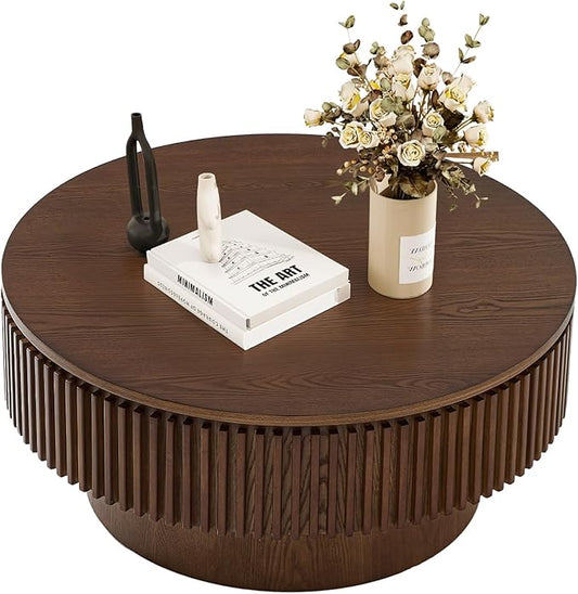 LKTART Round Coffee Table for Living Room, Accent Fluted Drum Coffee Table with Storage, Modern Solid Wood Veneered Circle Center Tea Table for Small Space Apartment (31.5''D×14''H-Walnut)