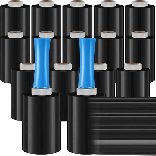 Jutom Mini Stretch Film Industrial Shrink Wrap Roll Plastic Film for Moving 2 Handles 5" x 1000 ft Pallet Wrap Packaging Self Adhering Shipping for Moving Furniture Packing(Black, Blue,16 Pcs)