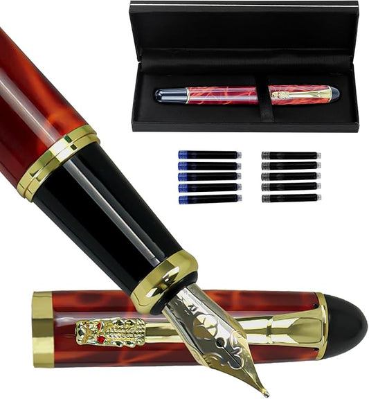 YUNCHUN Red Dragon Fountain Pen for Writing, Refillable Luxury Metal Pens, Fancy Ink Pen with 5 Black and 5 Blue Ink Refills, Gift Sets for Men and Women, Business Writing Pen with Marble Grain