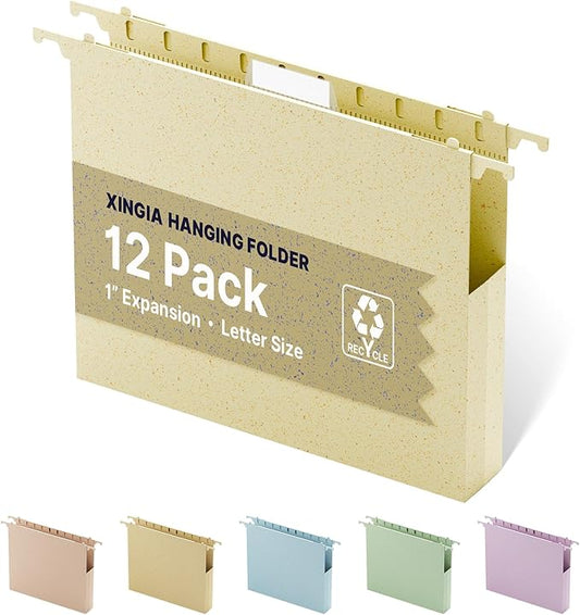 Wheat Straw Hanging File Folder Letter Size, Heavy Duty 1'' Expansion,12 Pack Extra Capacity Plastic Hang Folders,Reinforced Filing Cabinet Folder for Bulk Files/Medical Charts(Morandi Beige)