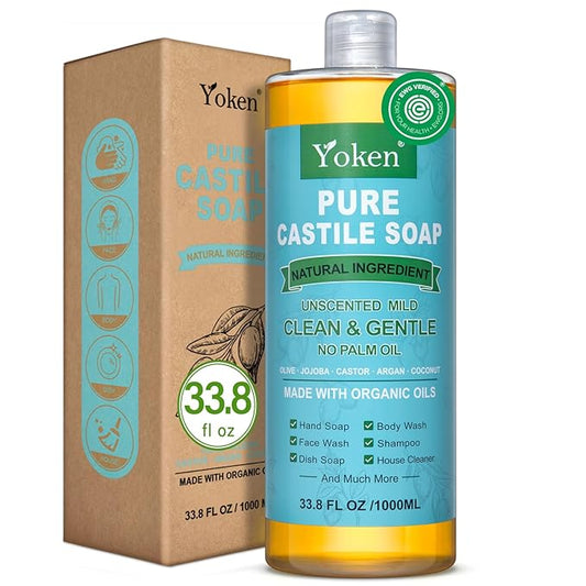 EWG Verified Castile Soap Liquid Unscented 33.8 fl oz Pure Castile Liquid Cleanser Made With Organic Oil, Clean & Gentle, Natural Castor Oil Soap for Body Wash, Hand, Dishes, Laundry