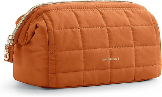 BAGSMART Makeup Bag Travel Toiletry Bag, Puffy Padded Make Up Bags for Women Makeup Organizer Case, Wide-open Pouch Purse Travel Essentials Toiletries Accessories Brushes, Rust Orange