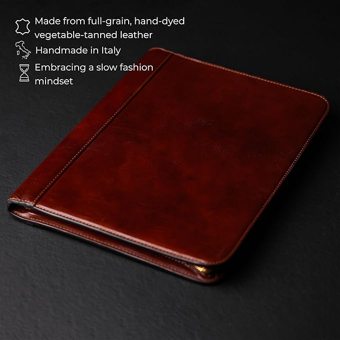 Time Resistance Leather Portfolio - A4 Document Folder - Italian Handcrafted Padfolio Organizer (Brown) - Gift Box Included