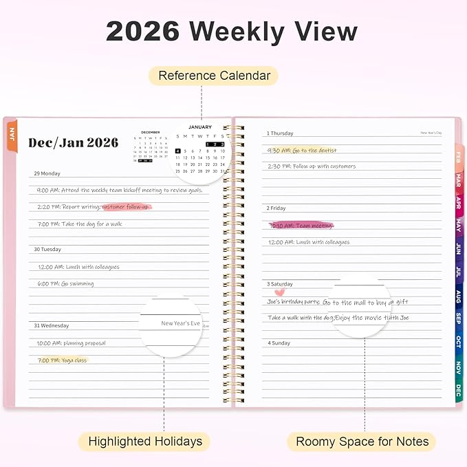 Oucaru 2026 Planner, Weekly and Monthly Planning Calendar, Jan 2026 - Dec 2026, 6.3" x 8.5", Spiral Bound, 12 Habit Trackers & Monthly Tabs, 2 Storage Pockets, Perfect for Office Home School Supplies