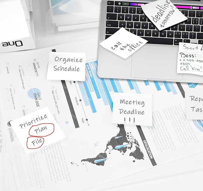 White Sticky Notes 3 x 3 Inch,10 Pads Self-Stick Notes Pads,100 Sheets/Pad Super Sticking Power Memo Post Stickies,1000 Sheets Total High Stickiness Square Sticky Notes for Office,Study,Home