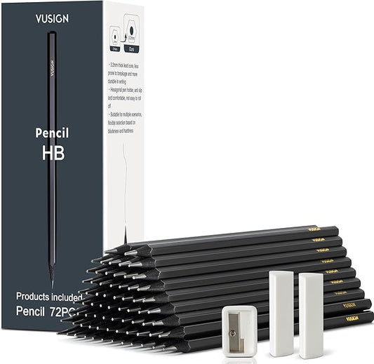 VUSIGN #2 Pencils Bulk, 72 Pack Pre-Sharpened HB Pencils, With 1 Sharpener & 2 Erasers for School, Office, Writing, Drawing Use,Black