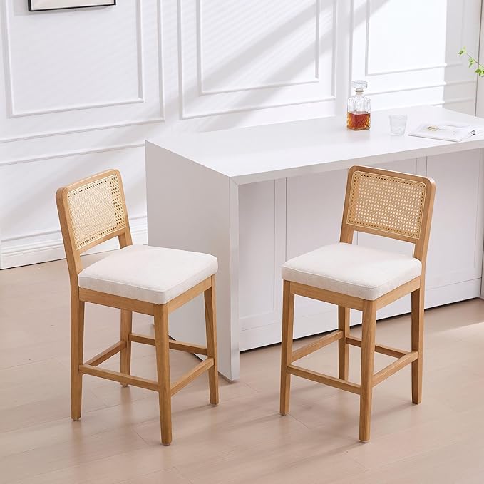 Wahson Counter Height Bar Stools Set of 2, Farmhouse Rattan Bar Stool with Back, Upholstered Wooden Barstools Mid Century Modern Breakfast Bar Chairs for Kitchen Island, Chenille Beige