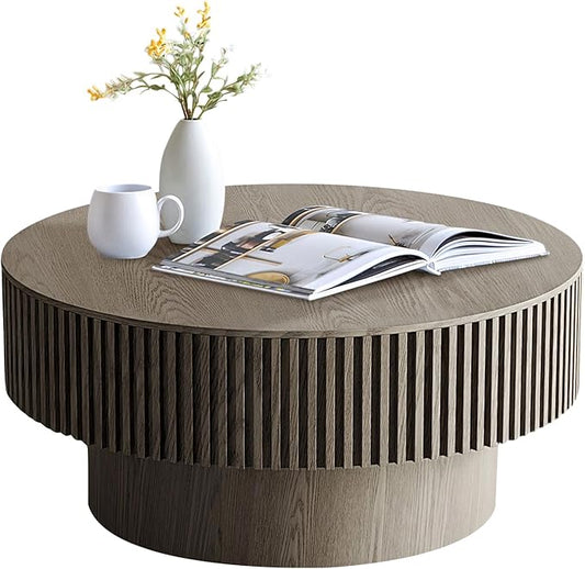 LKTART Round Coffee Table for Living Room, Accent Fluted Drum Coffee Table with Storage, Modern Solid Wood Veneered Circle Center Tea Table for Small Space Apartment (31.5''D×14''H-Grey)