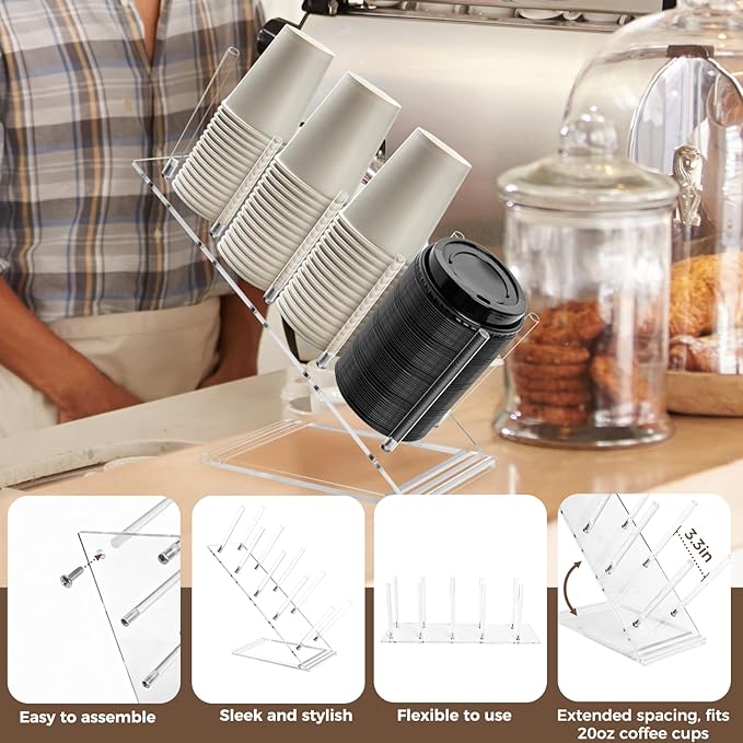 Acrylic Cup and Lid Holder, Adjustable Coffee Cup Holder Organizer Disposable Cup Dispenser Stand Countertop for Coffee Bar Station Bakery Breakroom 4 Compartment