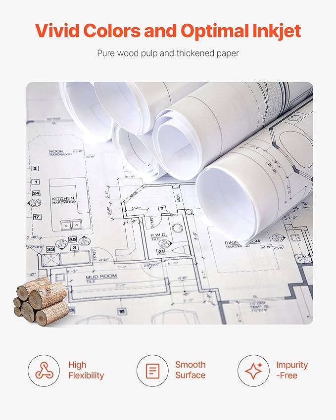 VEVOR Wide Format Paper, 30 in x 500 ft Plotter Roll, 2 Rolls CAD Bond Rolls with 3 in Core, 20 LB Bond Paper Rolls, Ideal for CAD Drawings, Engineering Plans, GIS Maps, and Architectural Designs