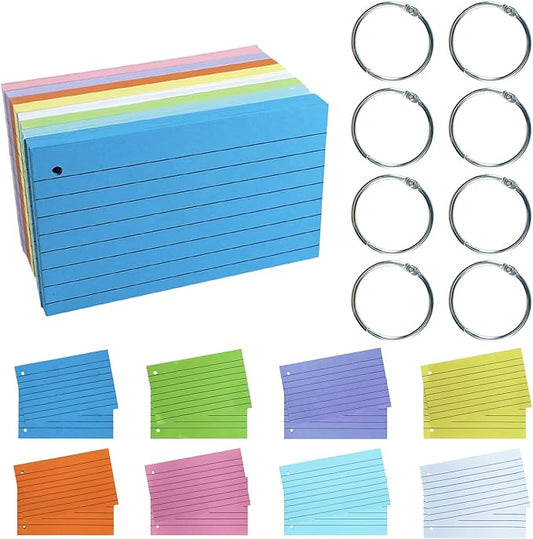 TFLFL Index Cards 3x5 Inch, 600PCS Flash Cards with Rings 8 Colors Ruled Index Cards, Assorted Lined Colored Flashcards, Thin Note Cards Paper, Study Card Memo Scratch Pad for Home Office School