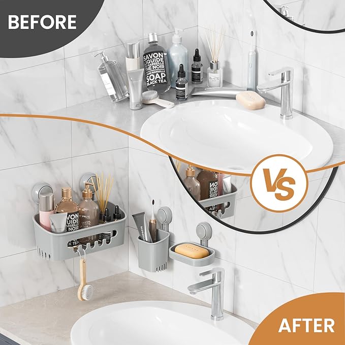 LEVERLOC Shower Caddy Suction Cup Set Shower Organizer & Soap Holder & Toothbrush Holder, Bathroom Shelf Basket NO-Drilling, Removable Suction Storage Waterproof Bathroom Caddy, Gray