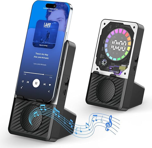 Wireless Induction Speaker, 5 in 1 Bluetooth Speaker with Cell Phone Stand, Phone Holder with Rechargeable Colorful Light and Alarm Clock for iPhone/Android/iPad, for Men Women（Black）