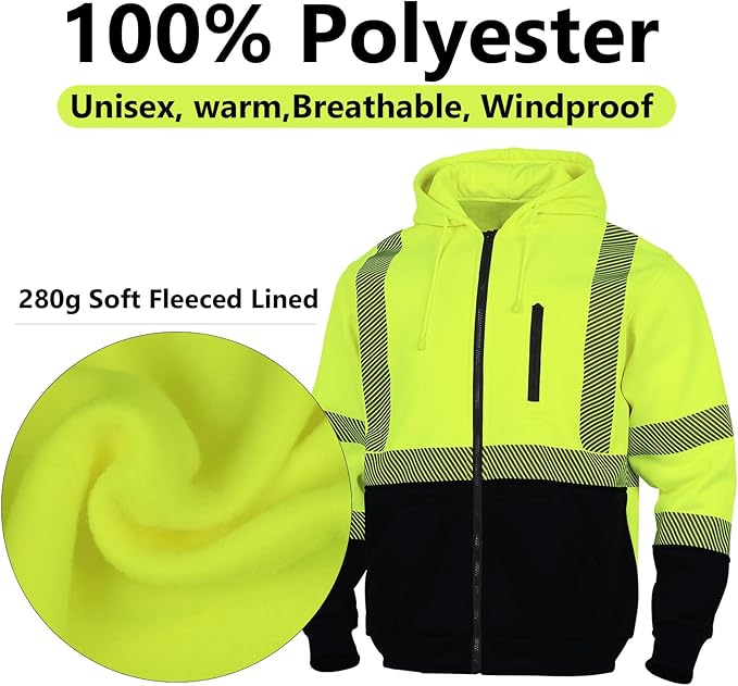 VENDACE High Visibility ANSI Class 3 Reflective Safety Fleece Sweatshirt Hoodie for Men Hi Vis Hoodies Zipper Jacket