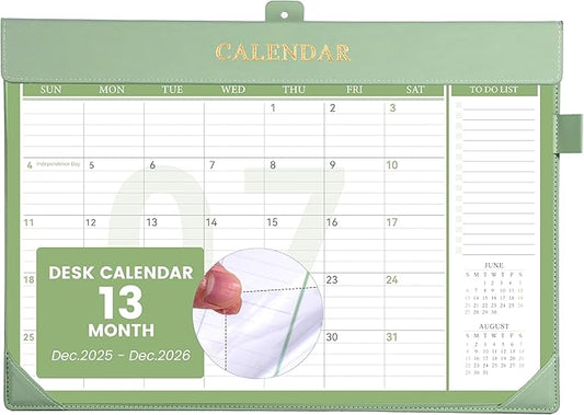 Yoment Desk Calendar 2026 Leather Desk Calendar with to-Do Lists, 13 Months Desk Pad Wall Calendar with Pen Holders PVC Cover for Work Office School Home Women Men, Dec 2025-Dec 2026, 17 x 12, Green