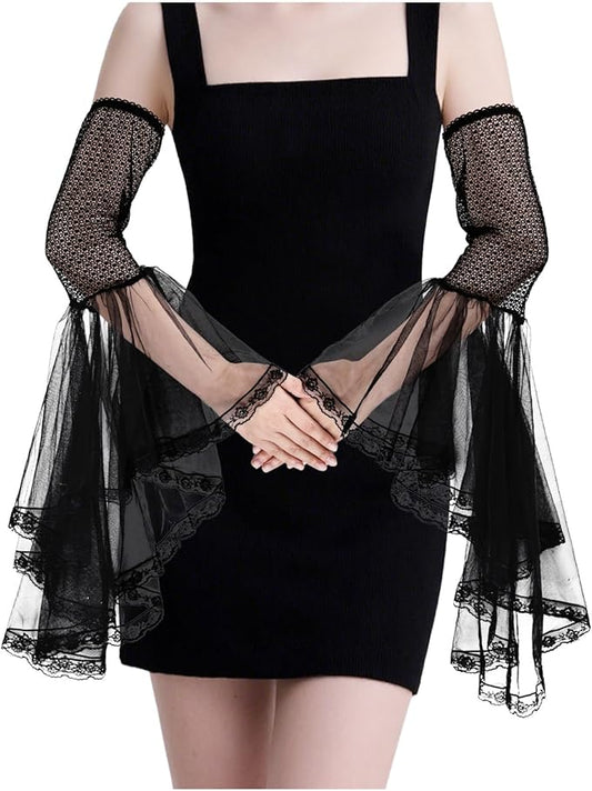 Women's Victorian Chiffon Sleeves Gothic Detachable Tulle Long Gloves for Halloween Vampire Witch Cosplay Costume