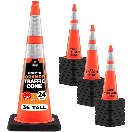 Xpose Safety 36 Inch Orange Traffic Cones Heavy Duty 12lb with 6" & 4" Collars, 24 Pack - Multipurpose PVC Plastic Safety Cone for Parking, Soccer, Caution, Kids and Construction - DOT Approved