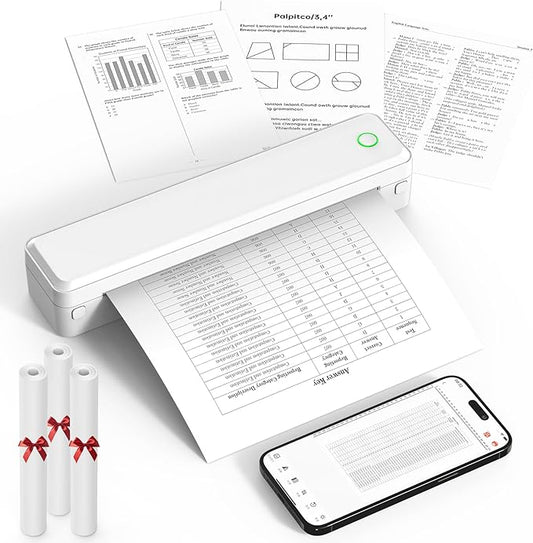 Bluetooth Thermal Printer, Portable Printer Wireless for Travel,Office&School, Includes 3 Rolls Paper – Supports US Letter,A4 Thermal Paper, Inkless Printing, Compatible with iOS,Android&Laptops
