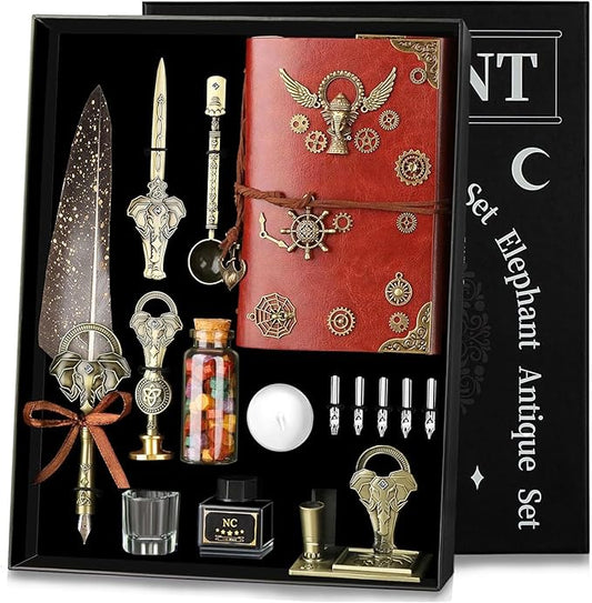 NC Feather Pen Ink Set,with Quill Pen,Notebook,5 Replaceable Nibs,Ink,Pen Holder,Stamp,Spoon,Wax Beads, White Wax,Cup,Envelopes and Letter Paper Etc.Beautiful Gift Calligraphy Set.(Grey)
