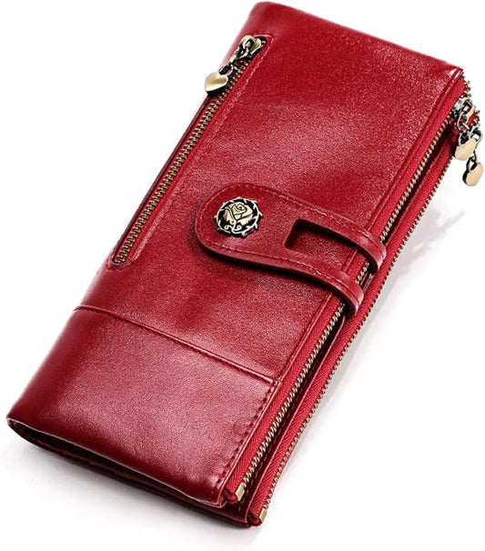 Women's RFID Blocking Genuine Leather Wallet Slim Clutch Purse with Zip Pocket and Card Organizer Red (3513-Red)