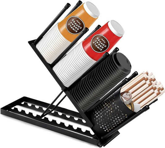 Cup and Lid Holder, Adjustable Coffee Cup Holder Organizer, 4 Compartment Disposable Cup Dispenser with Mesh Basket for Coffee Pod Straw Storage, Countertop, Office Breakroom (Black)