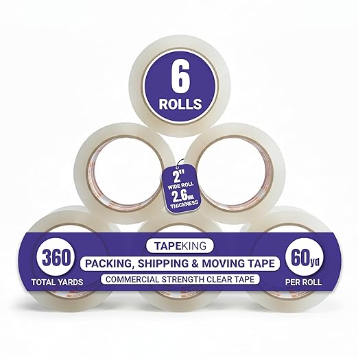 Tape King Quiet Clear Packing Tape | 60 Yards Per Roll (6 Rolls) | Heavy Duty Packing Tape 2.6mil Strong Adhesive for Moving Boxes, Shipping Cartons, Office Use, Storage & Wrapping (360 Yards)