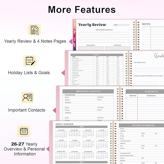 Oucaru 2026 Planner, Weekly and Monthly Planning Calendar, Jan 2026 - Dec 2026, 6.3" x 8.5", Spiral Bound, 12 Habit Trackers & Monthly Tabs, 2 Storage Pockets, Perfect for Office Home School Supplies