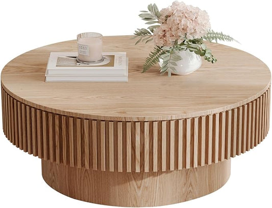 LKTART Round Coffee Table for Living Room, Accent Fluted Drum Coffee Table with Storage, Modern Solid Wood Veneered Circle Center Tea Table for Small Space Apartment (39.4''D×14''H-Natural)