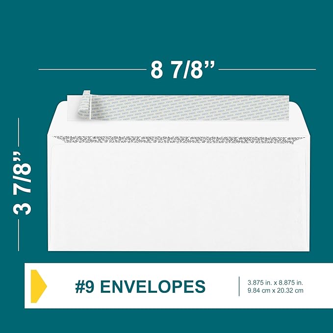 #9 Envelopes Self Seal - 50 Pack - Security Tinted 3 7/8" x 8 7/8" Business Envelopes Peel & Seal for Mailing Letter Size - Legal for Invoices, Statements - 24lb White Plain