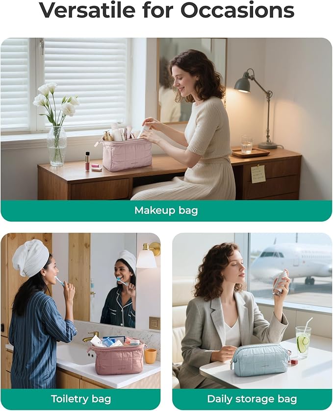 BAGSMART Makeup Bag Travel Toiletry Bag, Puffy Padded Make Up Bags for Women Makeup Organizer Case, Wide-open Pouch Purse Travel Essentials Toiletries Accessories Brushes, Leopard